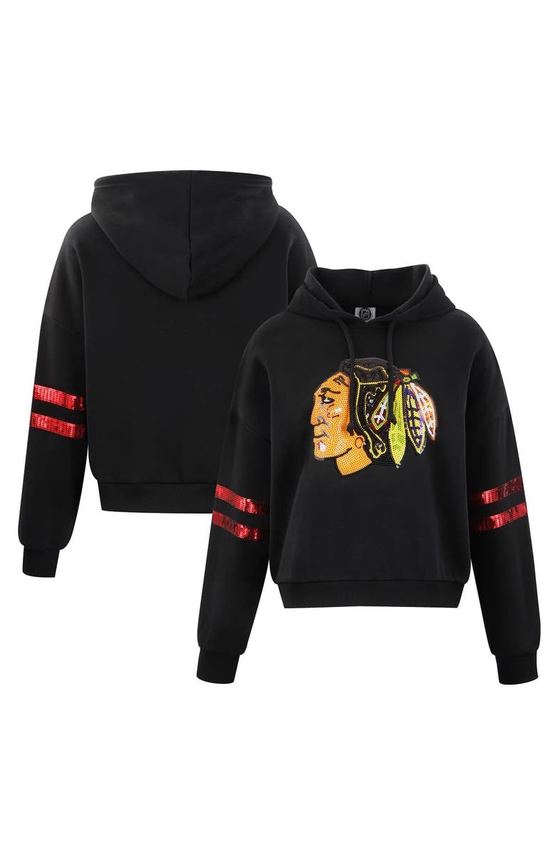 CUCE Women's Cuce Black Chicago Blackhawks Sequin Cropped Pullover Hoodie, Alternate, color, 