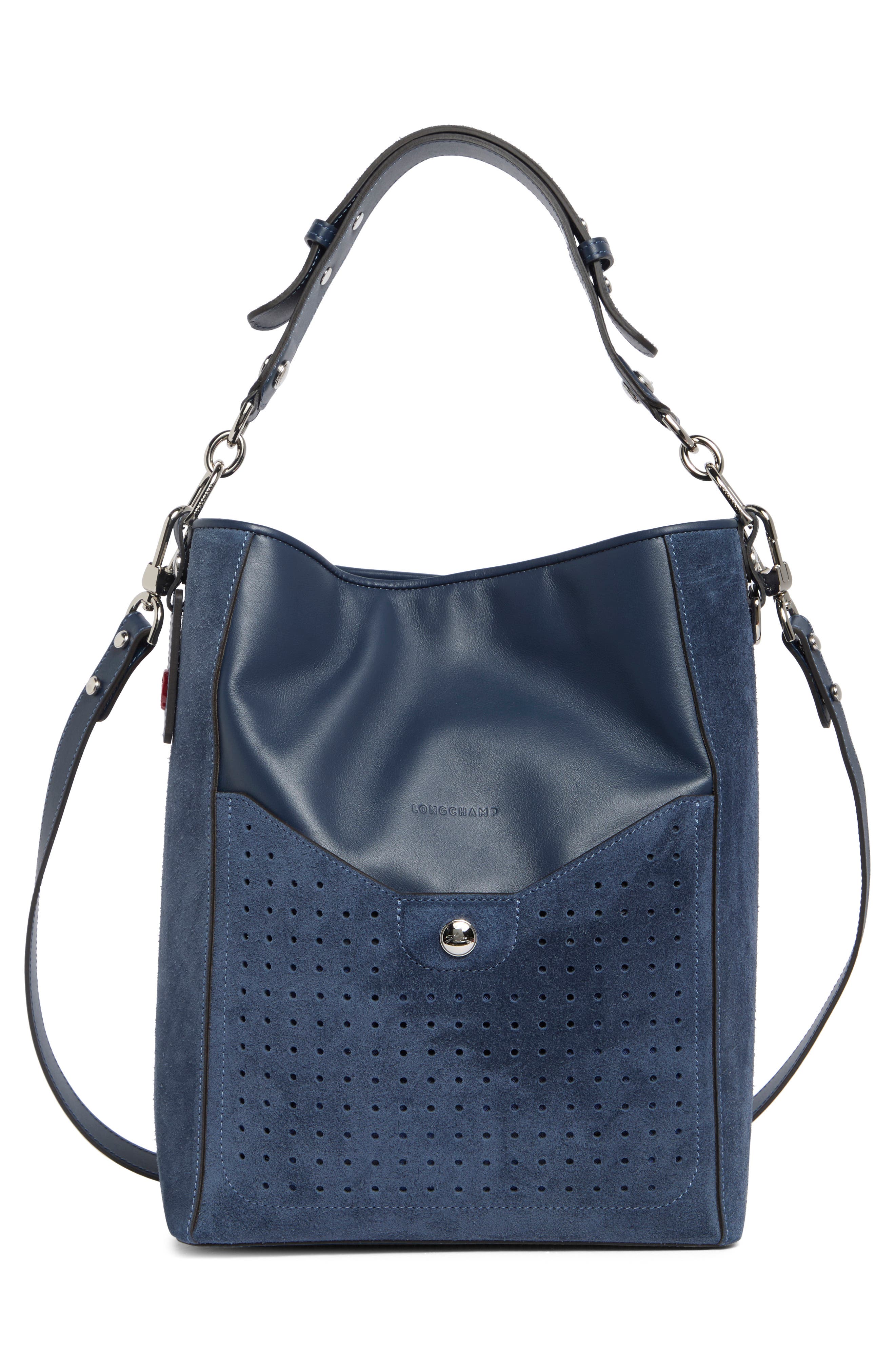 Longchamp Mademoiselle Leather Bucket Bag, Main, color, Pilot Blue