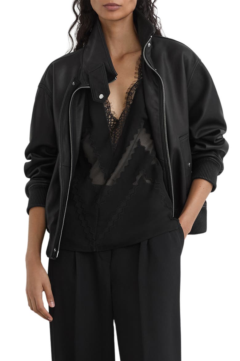 Cara Leather Bomber Jacket, Main, color, BLACK