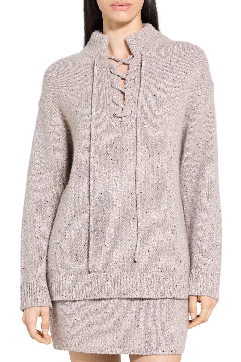 Tie Neck Wool Blend Sweater, Main, color, BEIGE MULTI