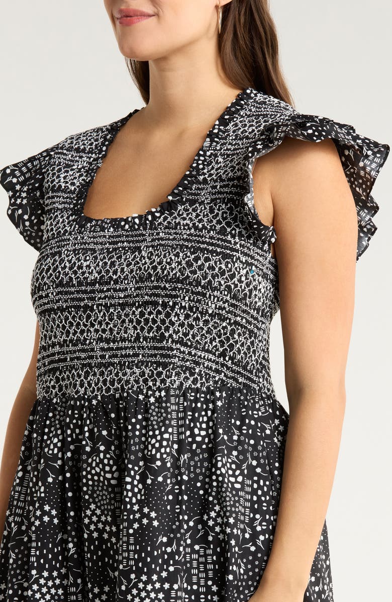 SUGARLIPS Larsa Geometric Print Smocked Dress, Alternate, color, Black-White