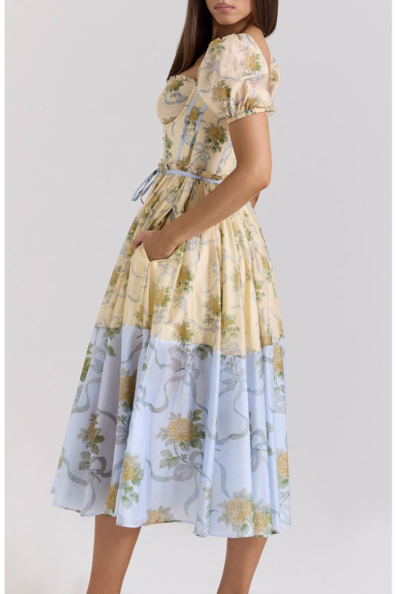 Penelope Floral Puff Sleeve Corset Chiffon Midi Dress, Alternate, color, YELLOW ROSE PRINT