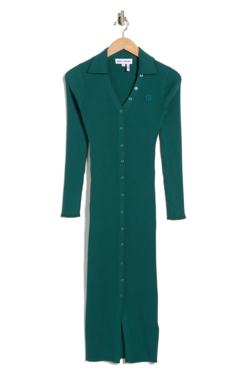 DKNY Jeans Long Sleeve Rib Polo Dress, Alternate, color, Cool Pine