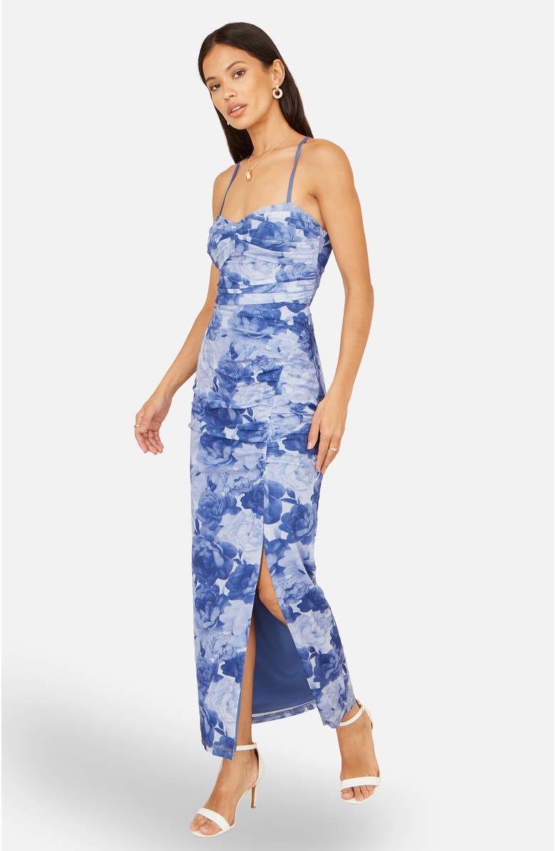 Yumi Mesh Ruched Midi Dress, Alternate, color, Blue