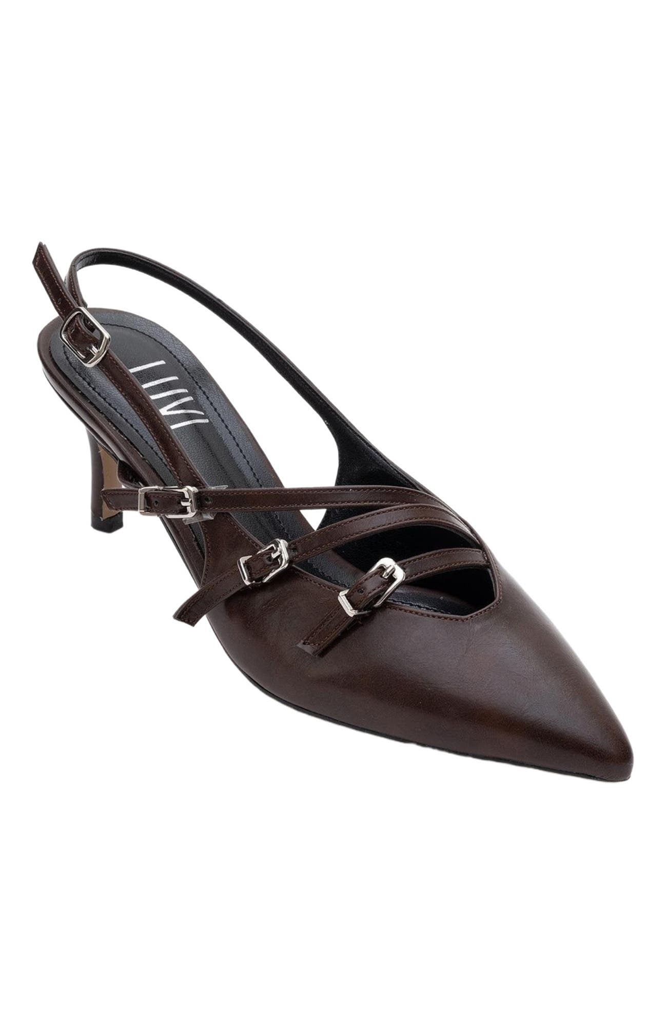 Magra Pointed-Toe Slingback Stiletto, Alternate, color, Brown Faux Leather