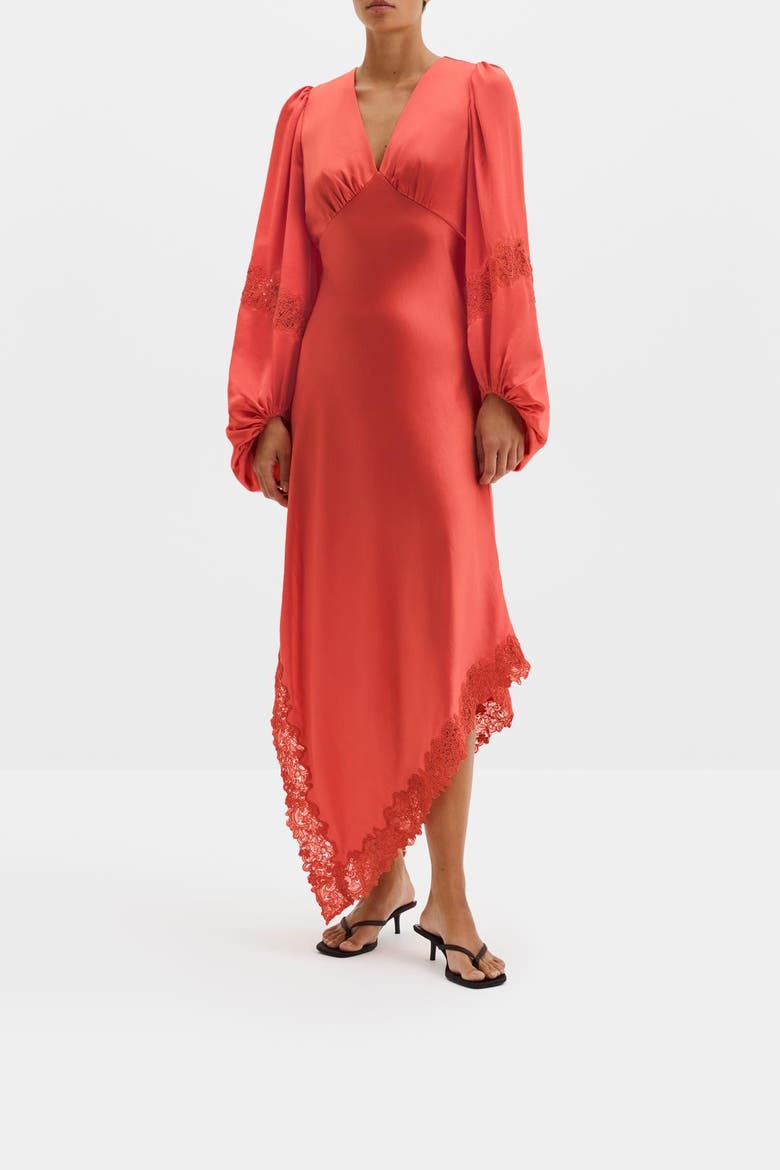 Seema Asymmetric Lace Hem Maxi Dress, Alternate, color, Coral
