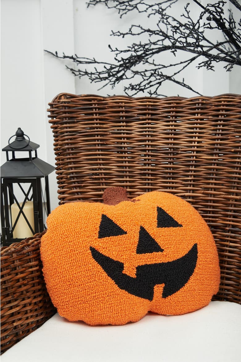 Jack O' Lantern Pumpkin Shaped Halloween Hooked Accent Throw Pillow 16" x 18", Alternate, color, Orange