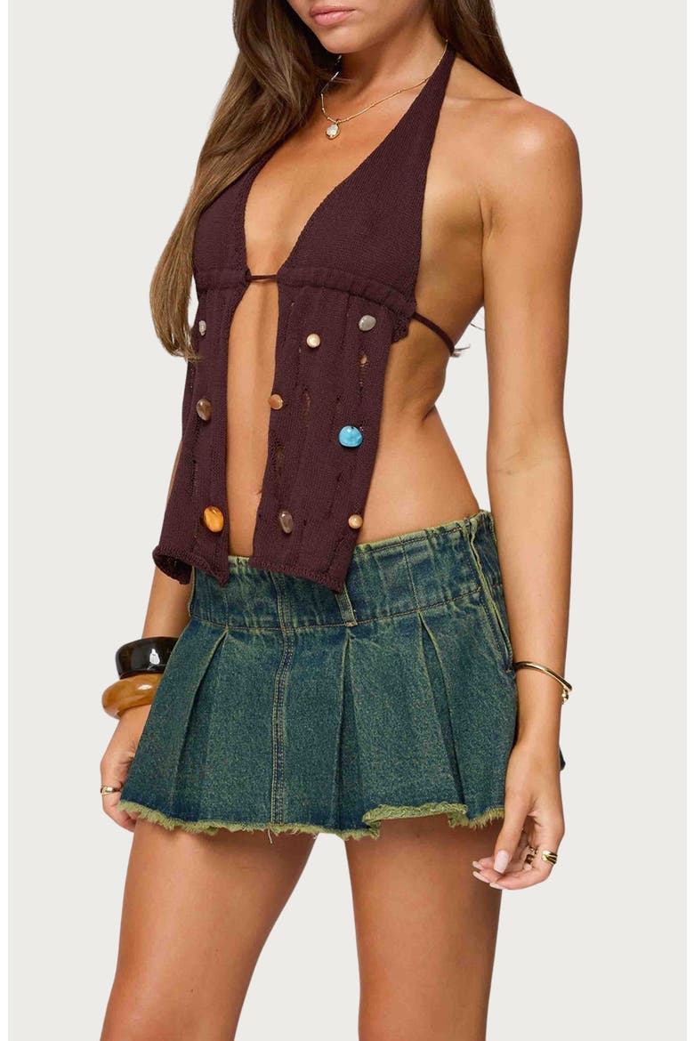 Beaded Distressed Split Front Halter Top, Alternate, color, BROWN