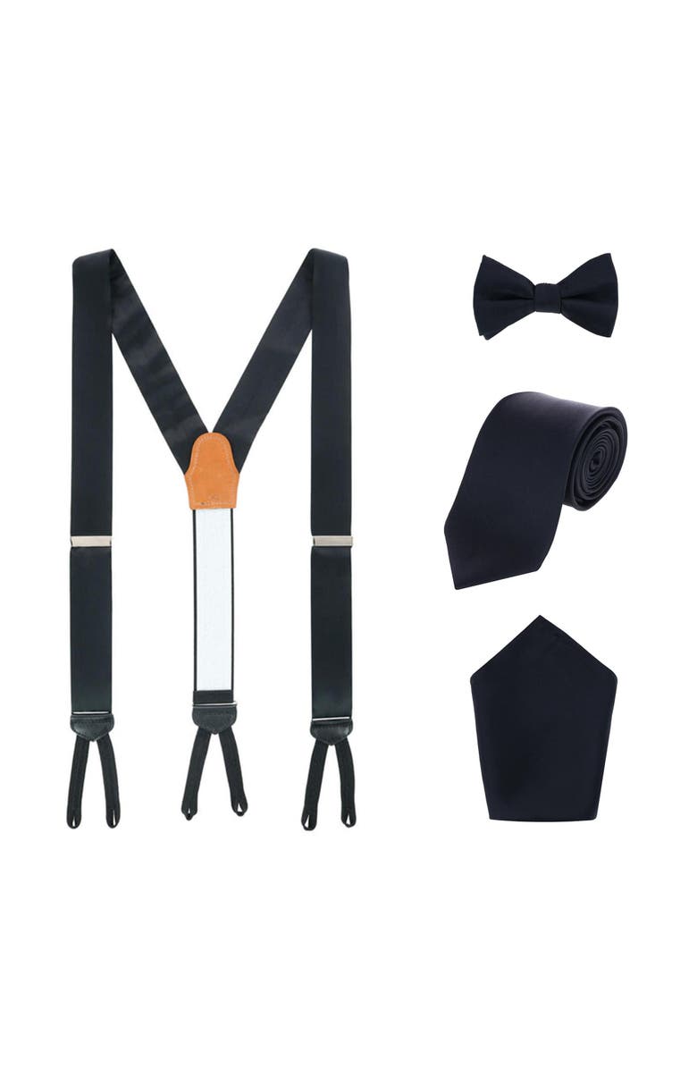 Trafalgar Sutton Solid Color Silk Brace Bow Tie Necktie and Pocket Square Set, Main, color, Black