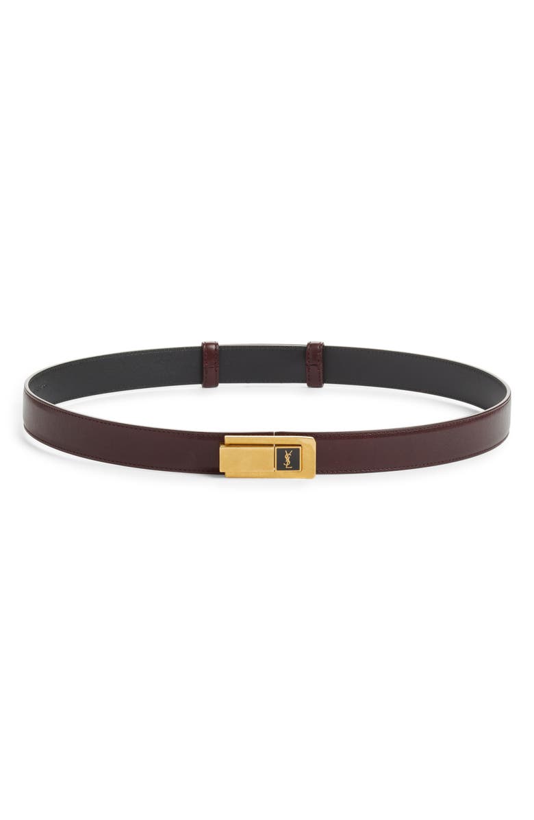 Saint Laurent Charniere Logo Buckle Leather Belt, Main, color, Hot Wine