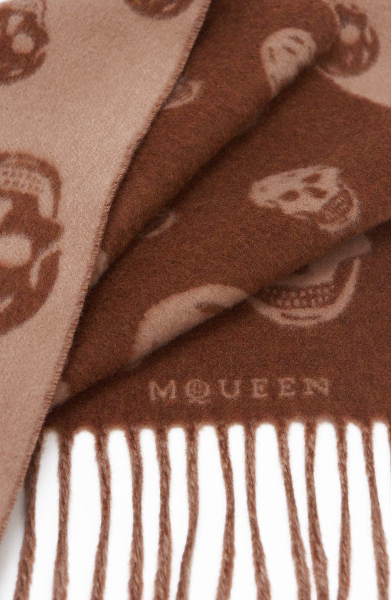 McQueen Skull Jacquard Double Face Wool & Cashmere Fringe Scarf, Alternate, color, Light Brown/ Camel