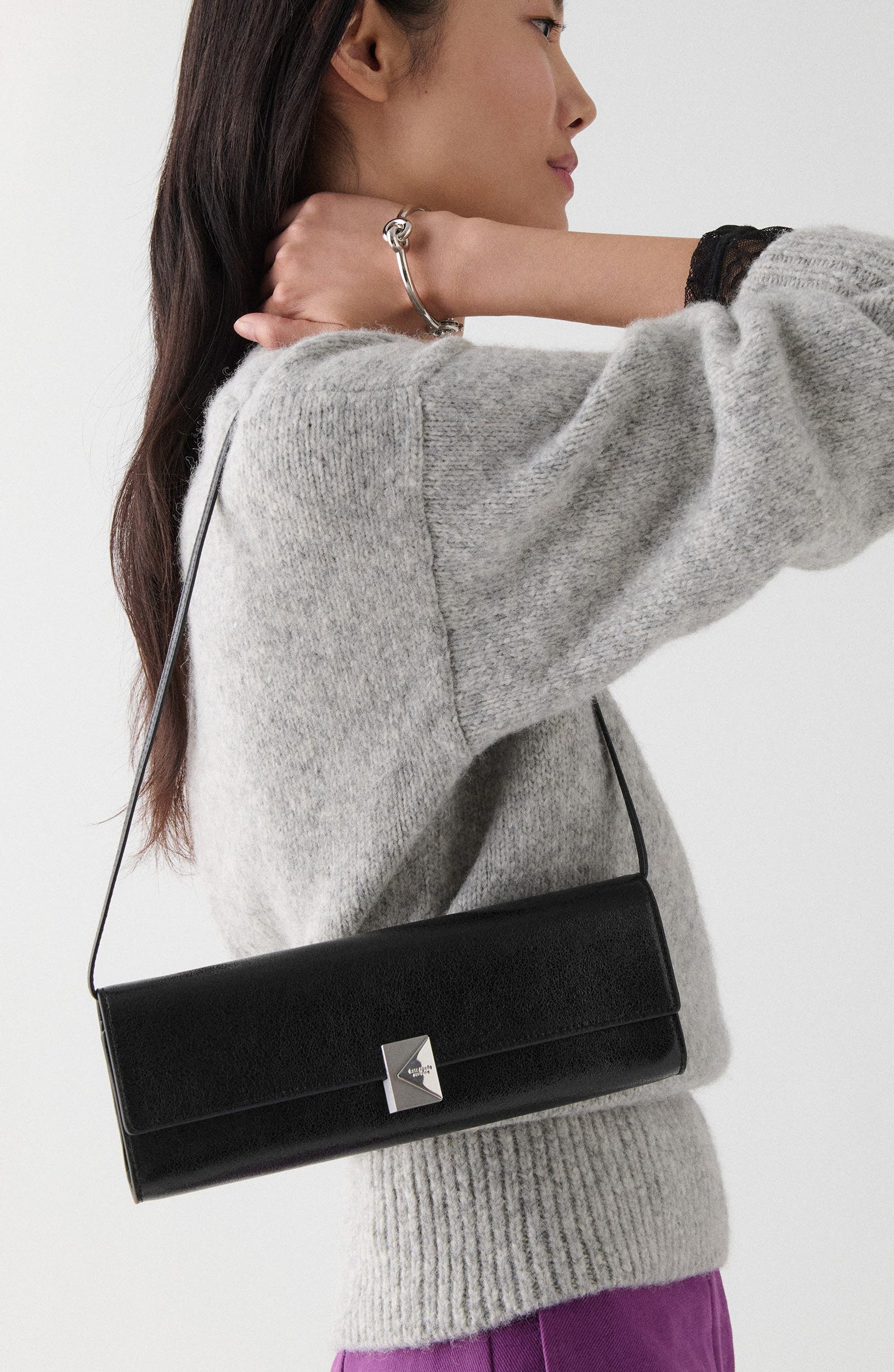 Kate Spade New York mini deco soft glazed leather shoulder bag, Alternate, color, Black