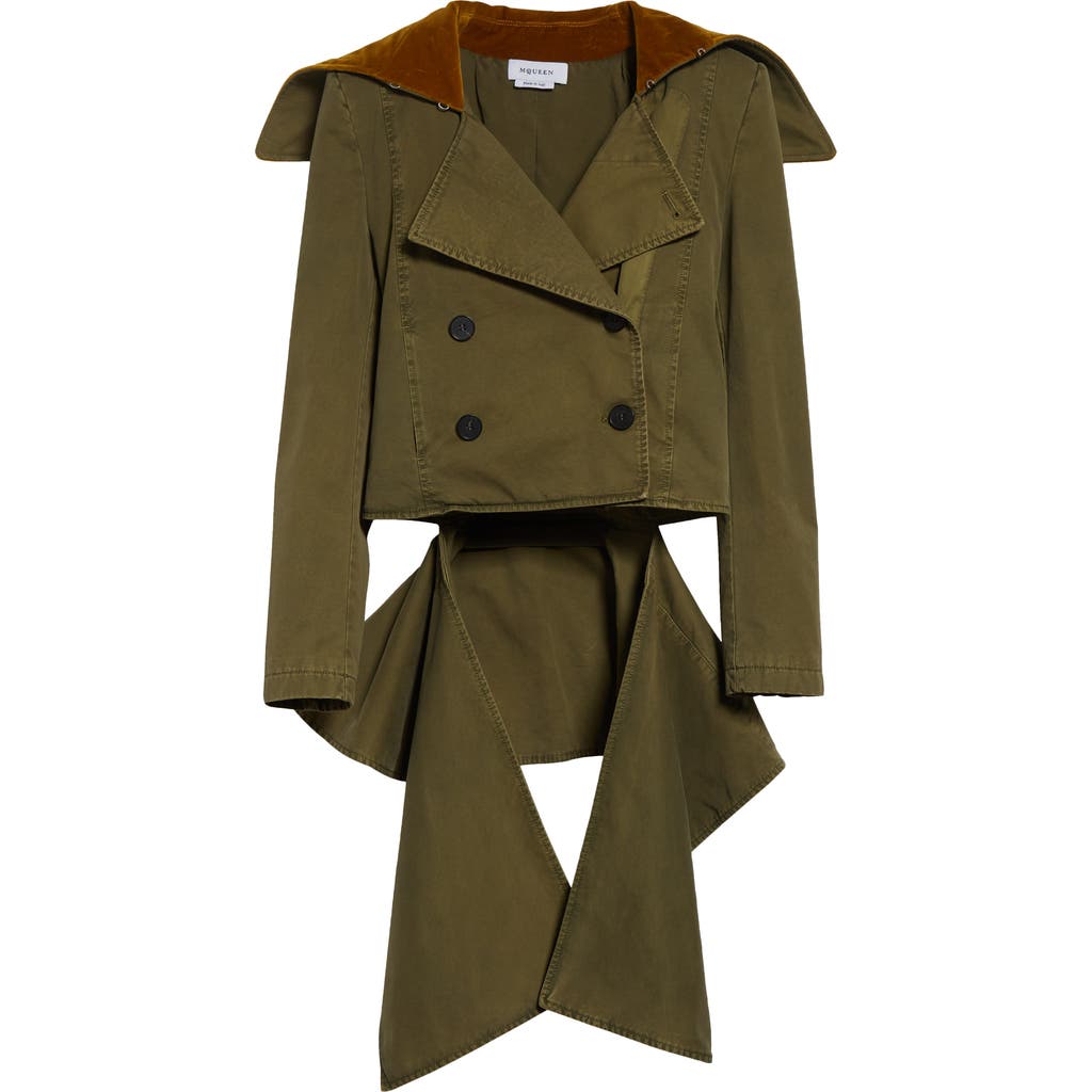 Alexander Mcqueen Asymmetric Double-breasted Cotton-twill And Velvet Jacket In Khaki