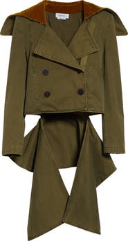 McQueen Velvet Collar Double Breasted Twill Peplum Jacket