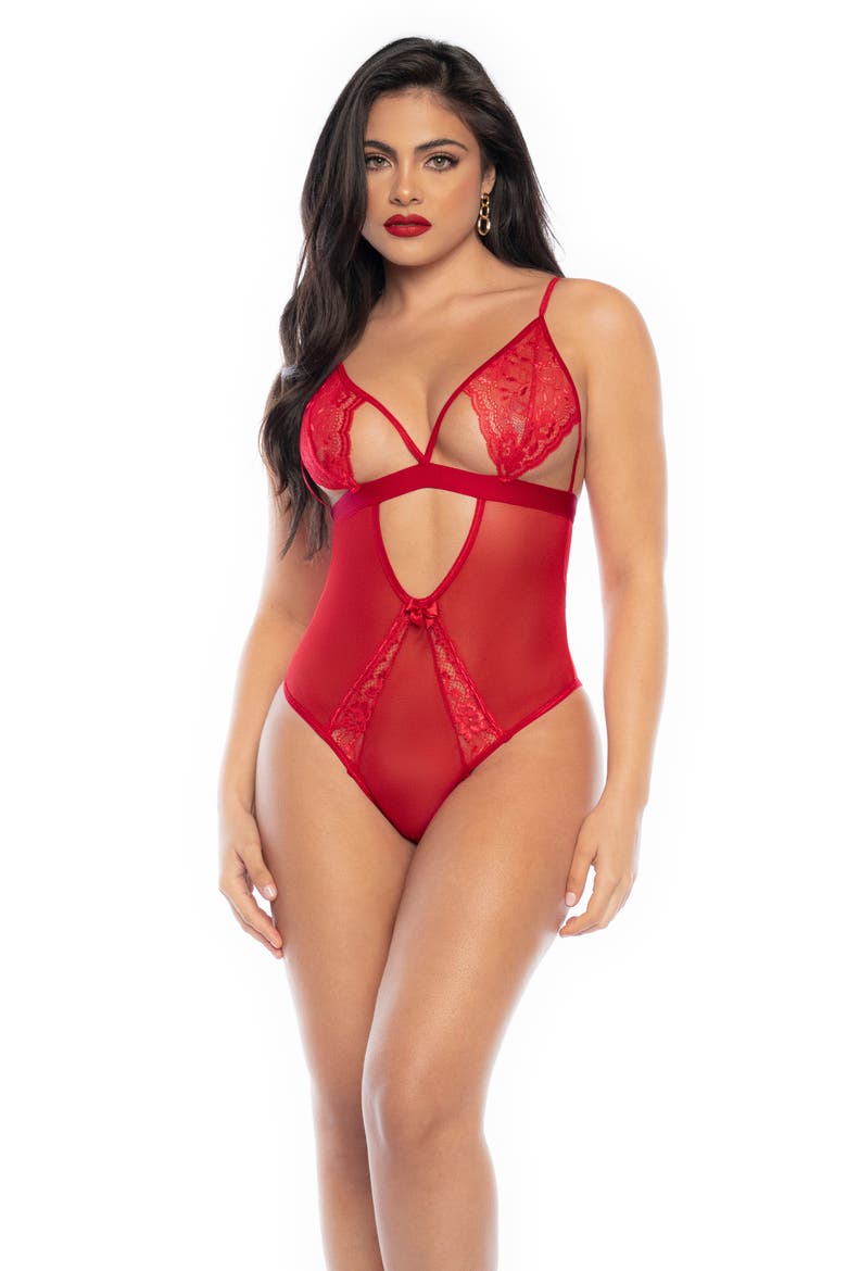 Cutout Lace Teddy & Garter Straps, Alternate, color, RED