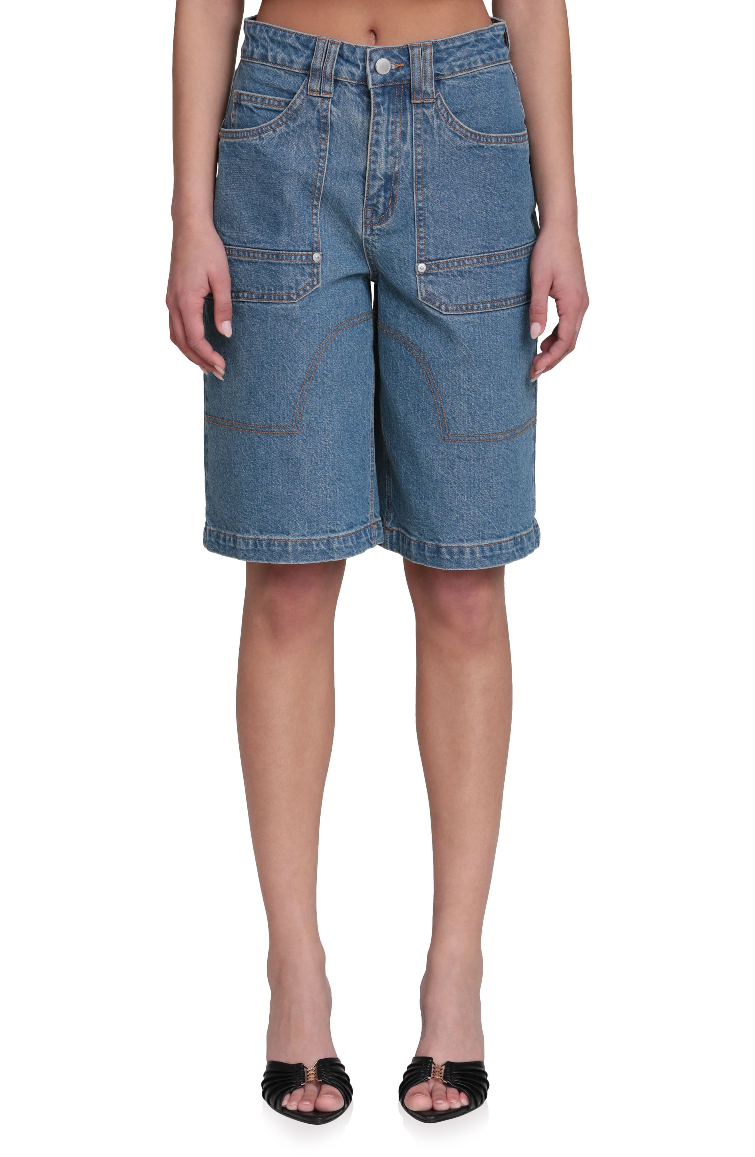 Stretch Denim Wide Leg Bermuda Shorts