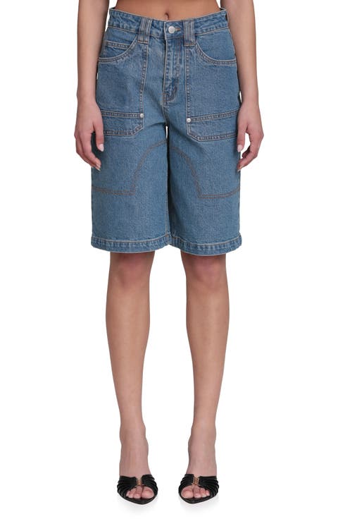 Stretch Denim Wide Leg Bermuda Shorts (Basilica Wash)