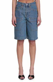 Stretch Denim Wide Leg Bermuda Shorts