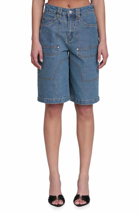 Stretch Denim Wide Leg Bermuda Shorts