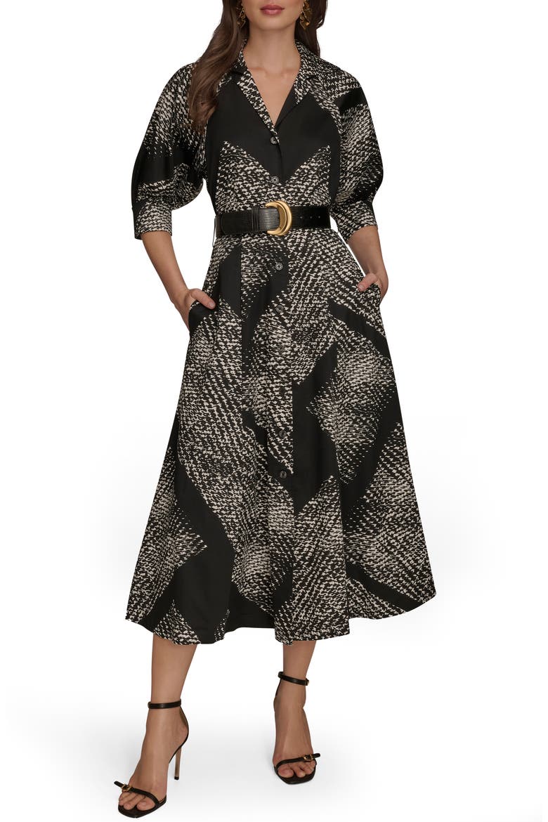 Abstract Houndstooth Check Belted Midi Shirtdress, Main, color, BLK CREAM