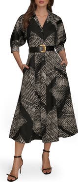 Donna Karan New York Abstract Houndstooth Check Belted Midi Shirtdress