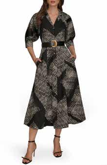 Donna Karan New York Abstract Houndstooth Check Belted Midi Shirtdress