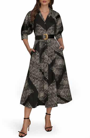 Donna Karan New York Abstract Houndstooth Check Belted Midi Shirtdress