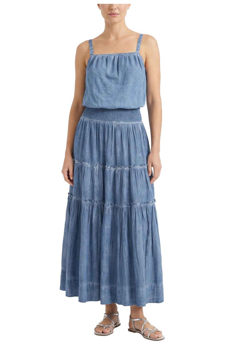 Change of Scenery Charlie Stonewash Denim-Look Smock Waist Slit Skirt, Alternate, color, Stonewash