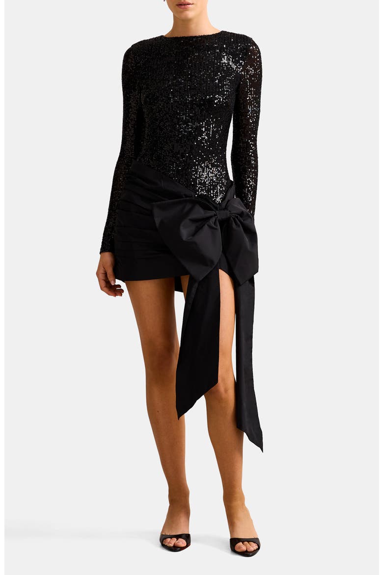 Dolly Sequin Bow Long Sleeve Cocktail Minidress, Main, color, BLACK