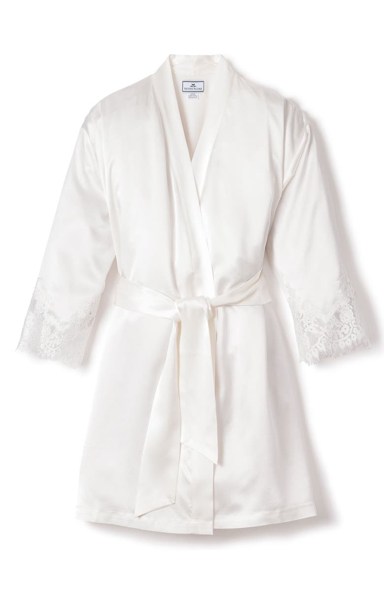 Petite Plume Lace Trim Mulberry Silk Robe, Alternate, color, White