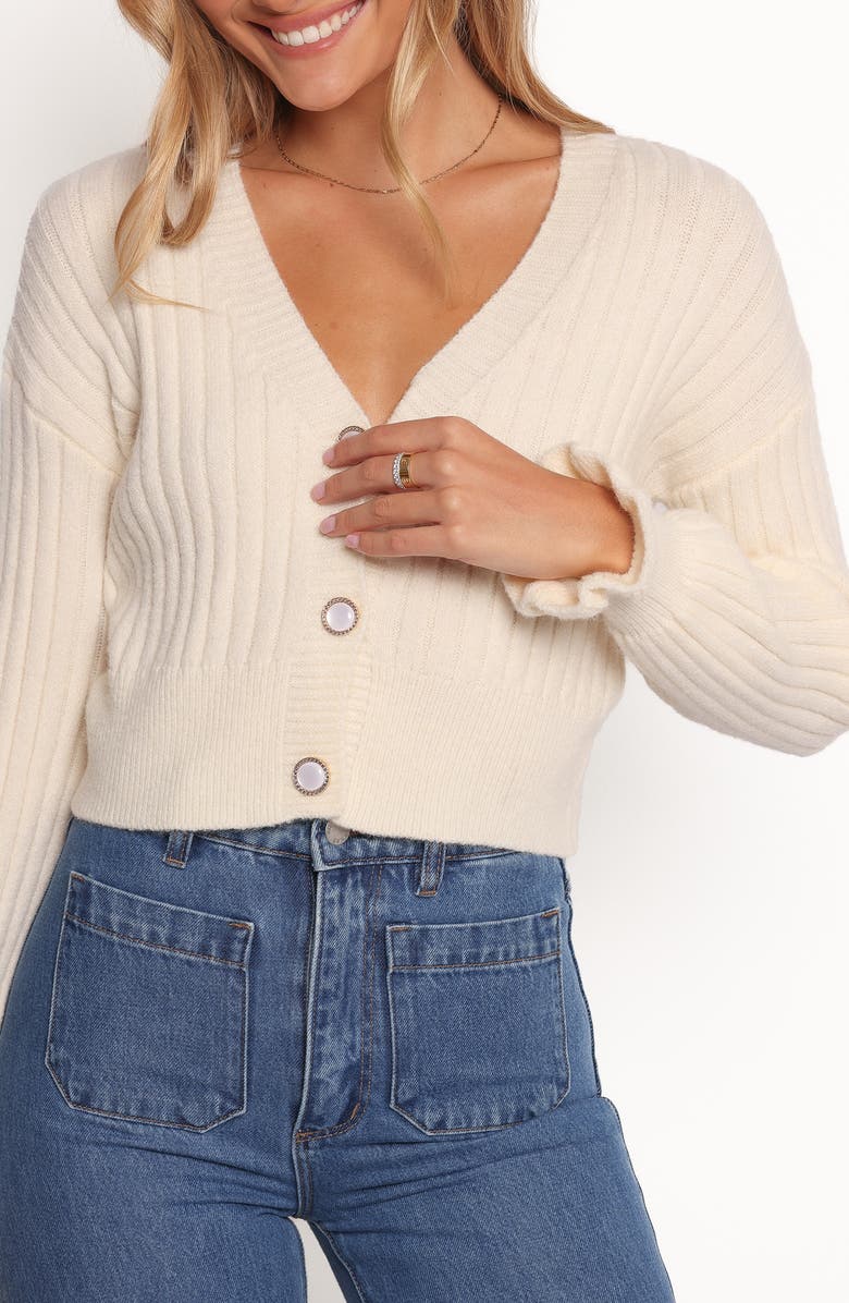 Petal & Pup Zana Ruffle Cuff Crop Rib Cardigan, Alternate, color, Cream
