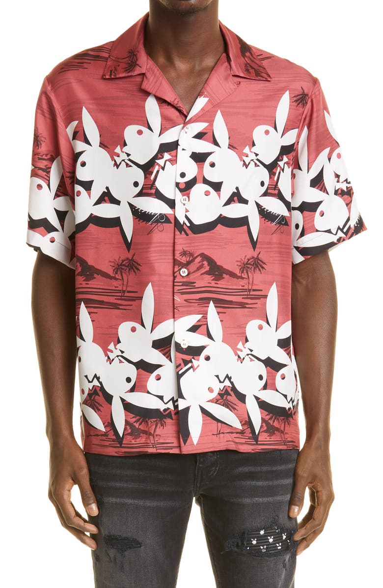 AMIRI Playboy Bunny Logo Silk Camp Shirt, Main, color,