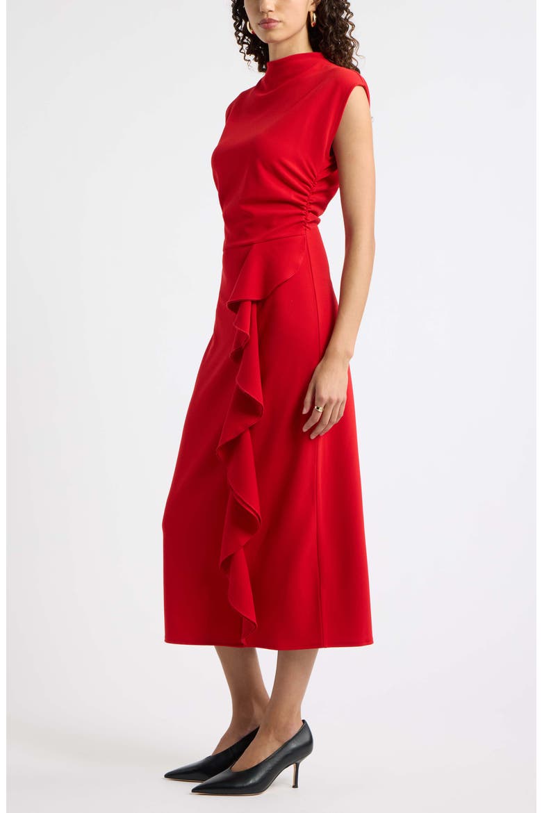 Mock Neck Ruffle Midi Dress, Alternate, color, RED SALSA