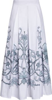 Eleventy Floral Embroidered Cotton Midi Skirt