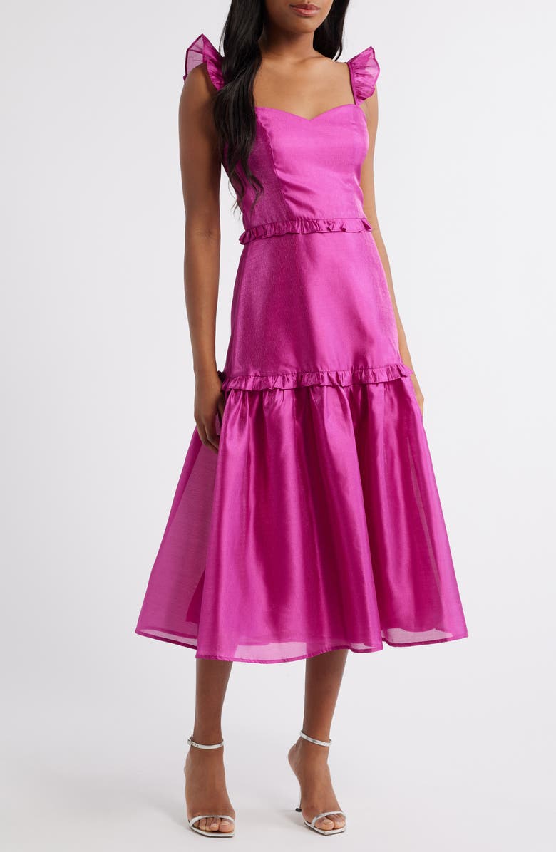 Lulus Ruffle Detail Textured Satin Dress, Main, color, 