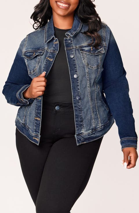 Two-Tone Stretch Denim Trucker Jacket (Plus)
