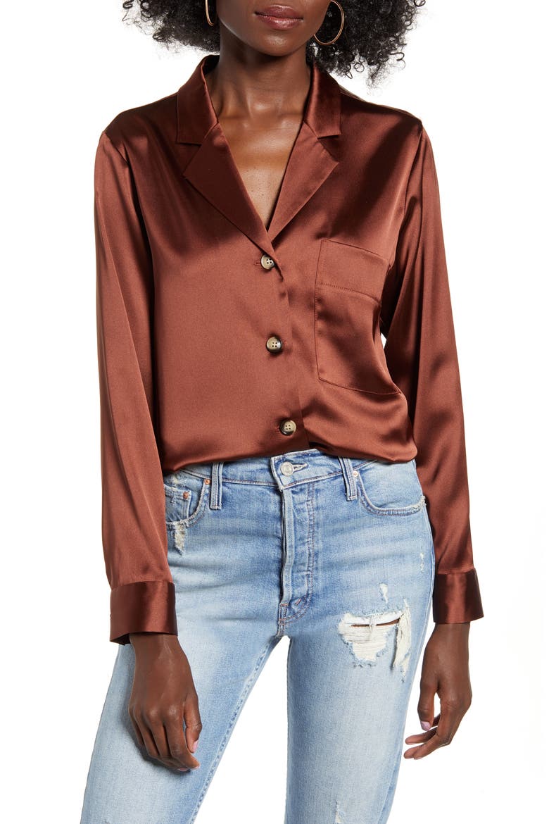 Satin Button-Up Shirt, Main, color, DARK BROWN