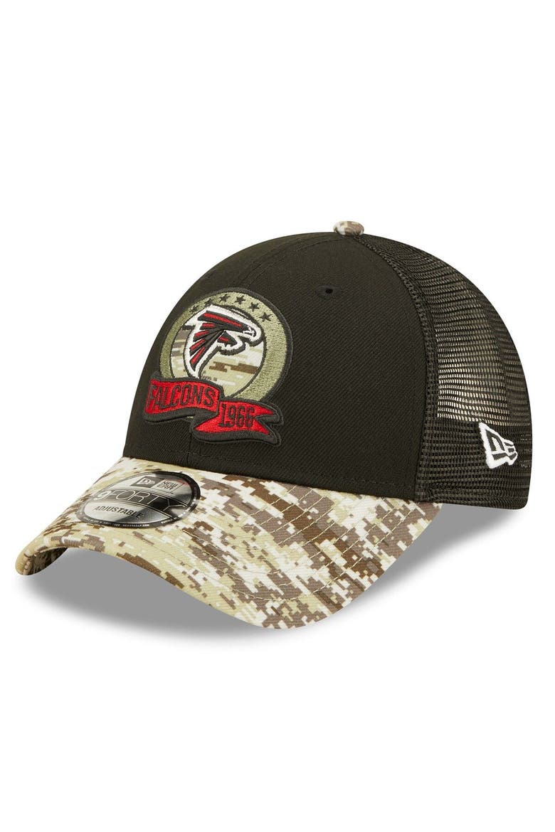 Men's New Era Black/Camo Atlanta Falcons 2022 Salute To Service 9FORTY Snapback Trucker Hat, Alternate, color, Black
