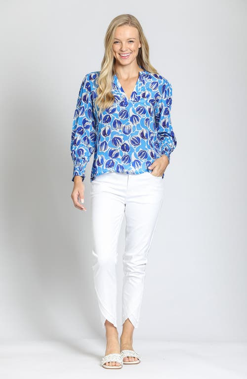 Apny Print Smocked Cuff Top In Blue Multi