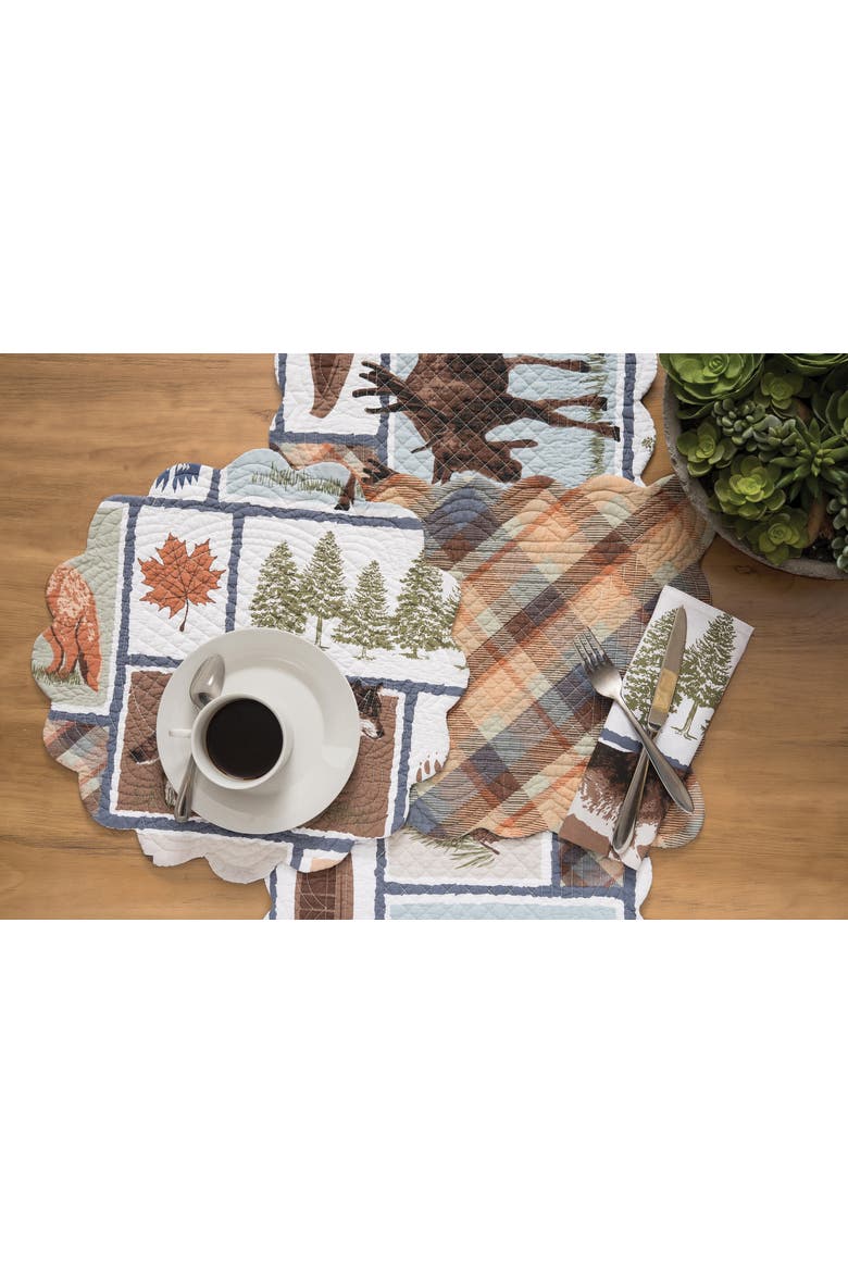 Oakley Maple Leaf Acorn Pinecone Black Bear Cabin Pine Trees Scalloped Placemats, Set of 6, 13" x 19", Alternate, color, Brown