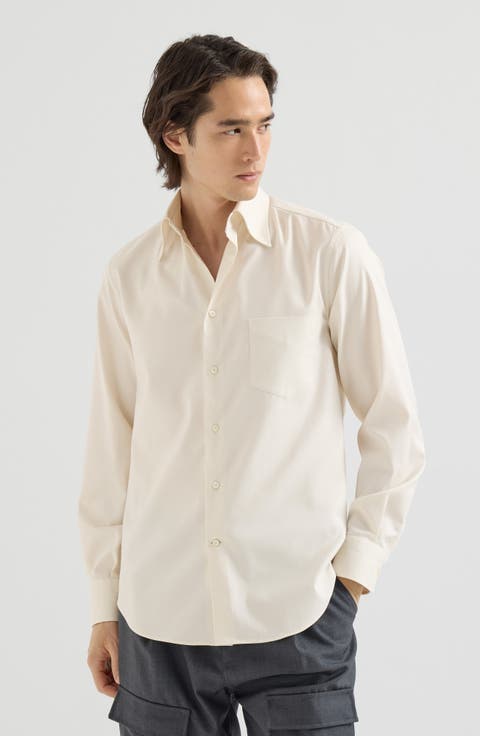 Garment-dyed Twill Shirt With Italian Collar And Chest Pocket