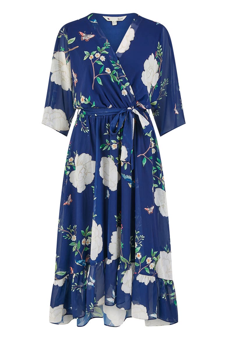 Bird And Floral Print Midi Wrap Dress, Alternate, color, Navy
