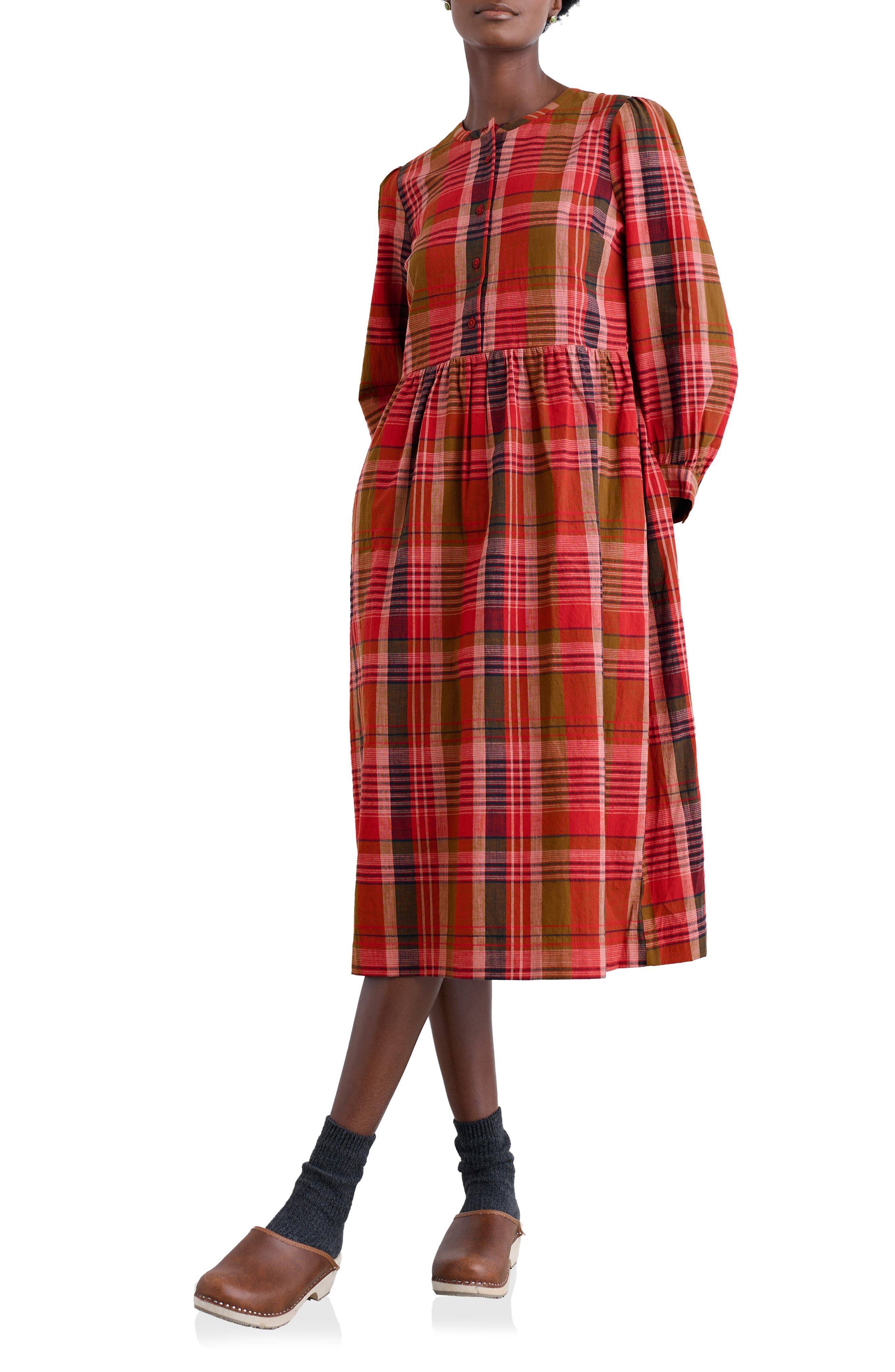 Trenkan Plaid Long Sleeve Organic Cotton Midi Dress