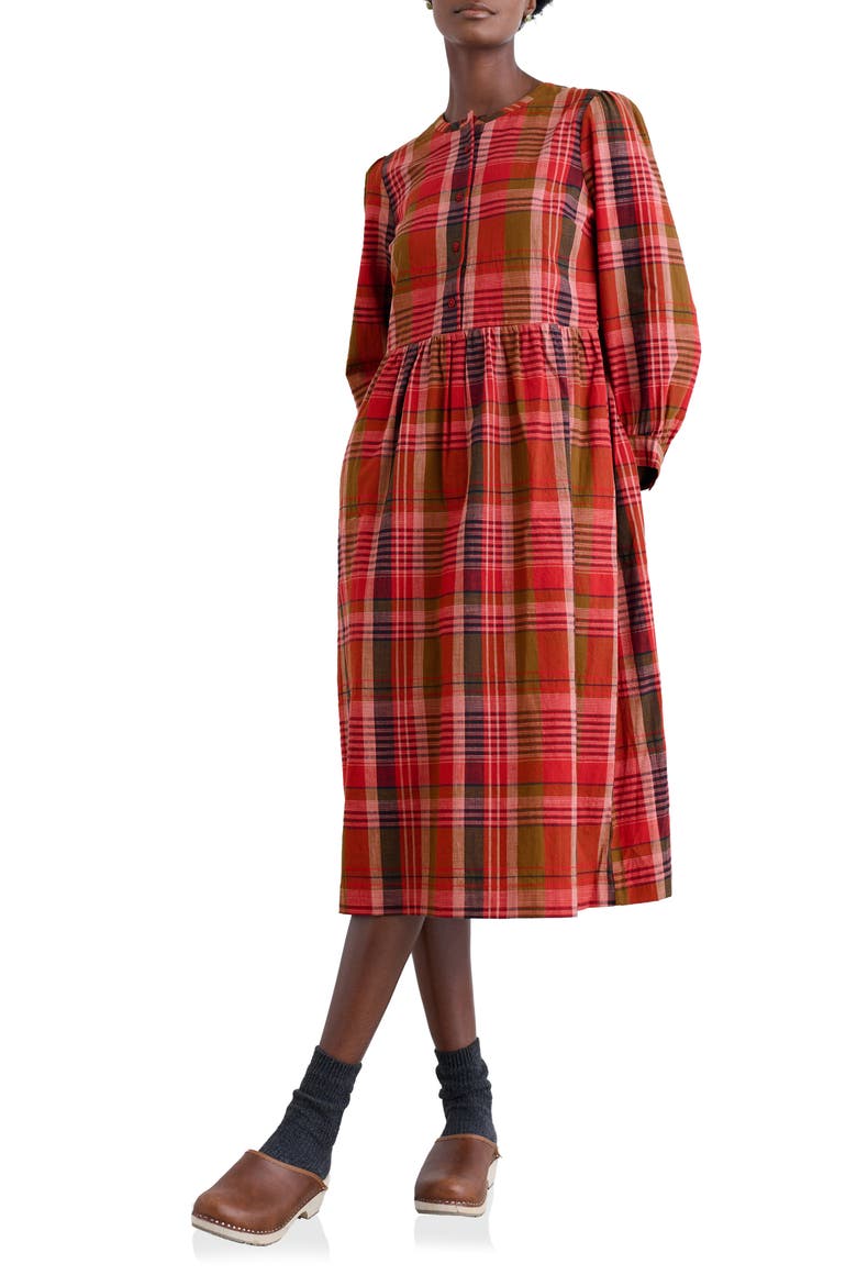 Trenkan Plaid Long Sleeve Organic Cotton Midi Dress, Main, color, SPRING SQUALL SQUASH