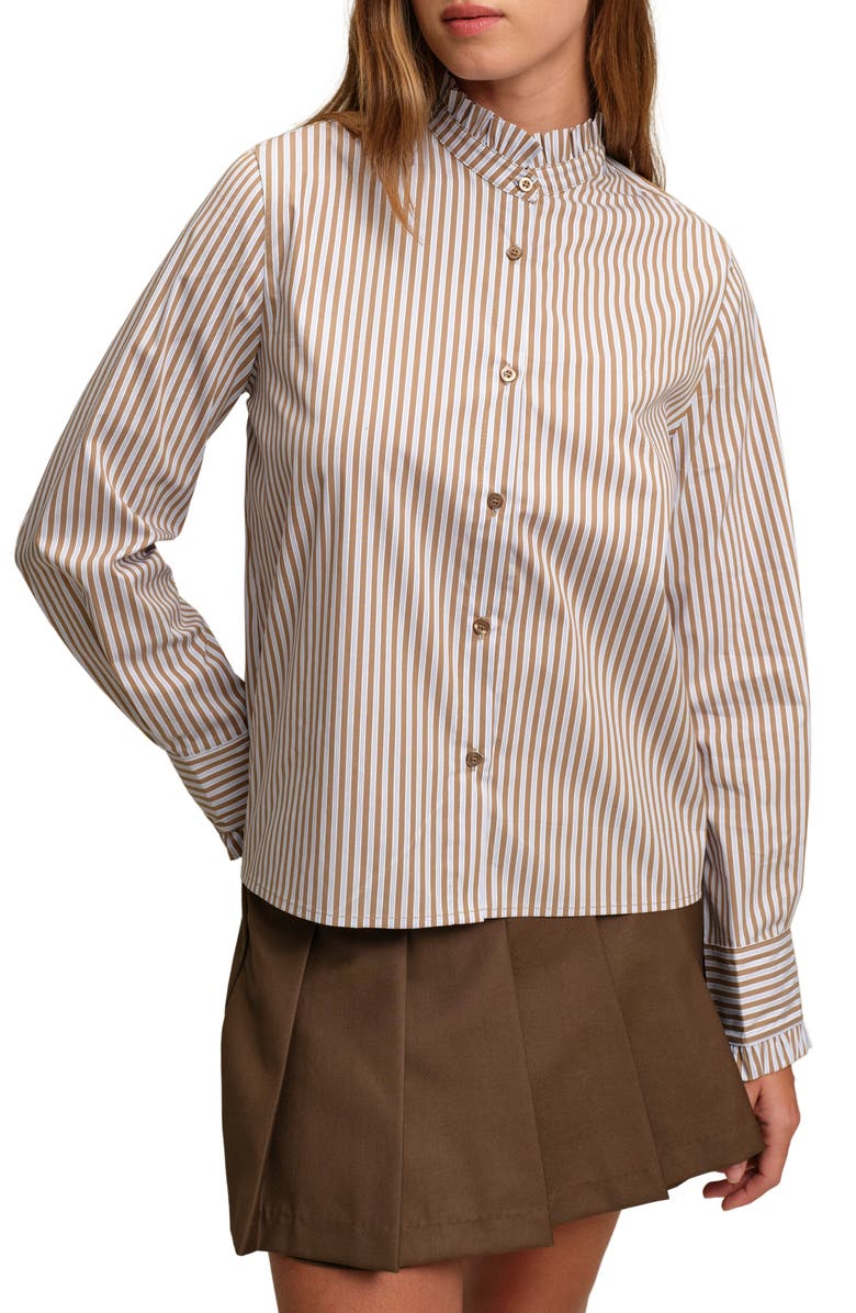 DELUC Oscar Ruffle Trim Stripe Cotton Blend Button-Up Shirt, Main, color, Green