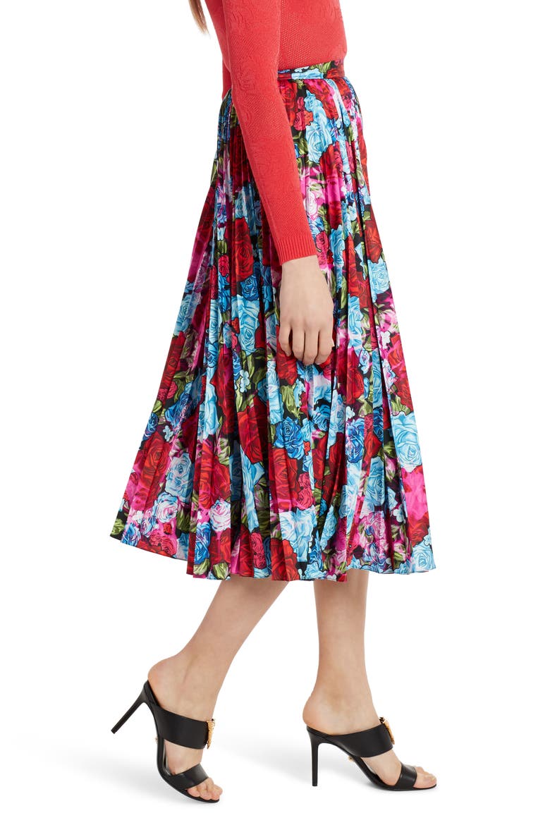 Pleated Floral Print Midi Skirt, Alternate, color, RED/ BABY BLUE/ FUCHSIA