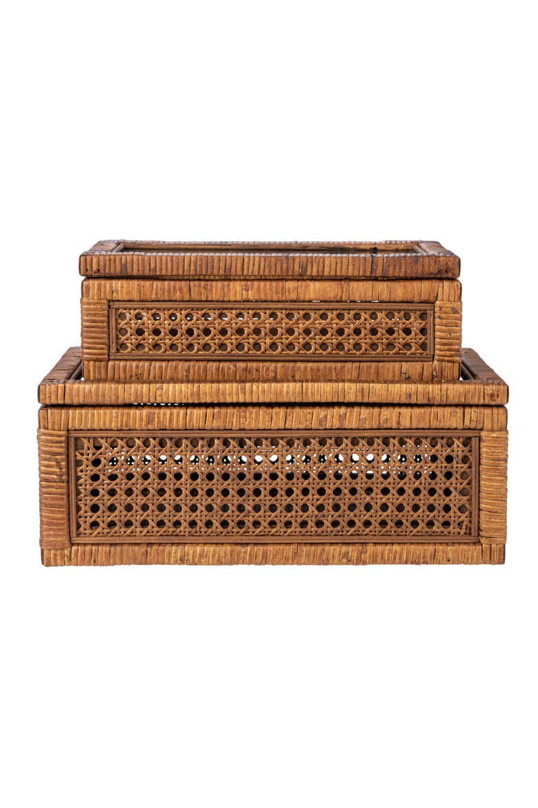 Modern Decorative Rectangle Woven Rattan and Wood Display Boxes with Glass Top, Alternate, color, Brown