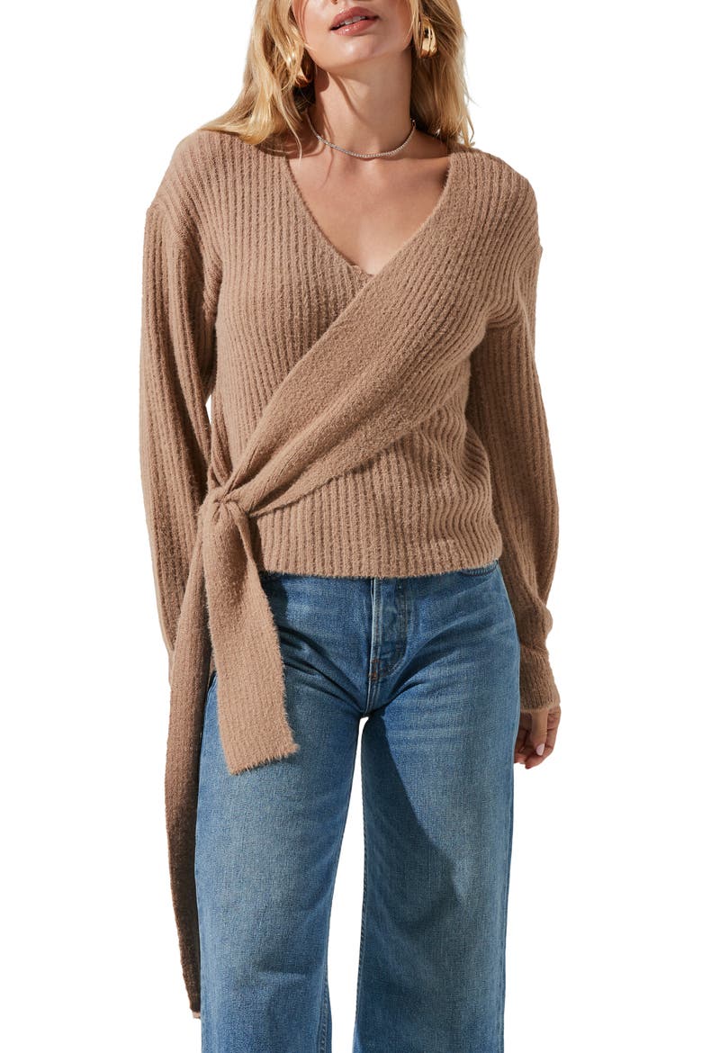 Ribbed Wrap Front Sweater, Main, color, BROWN