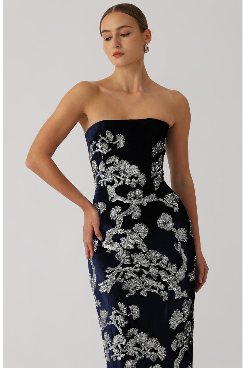 Ilsa Sequin Strapless Silk Velvet Sheath Gown, Alternate, color, MIDNIGHT BLUE
