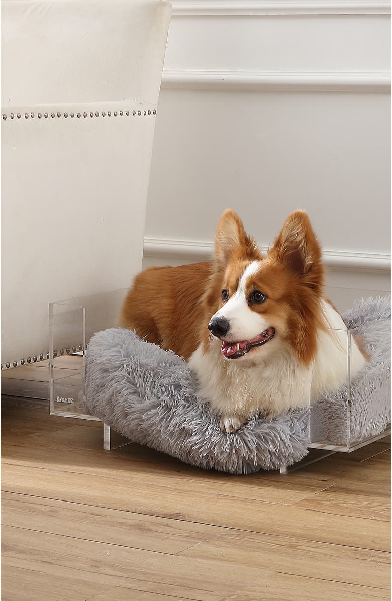 The Licker Store Carole 24" x 18" Small/Medium Modern Lucite Calming Fluffy Pet Bed with Washable Cushion, Alternate, color, Light Gray/Clear